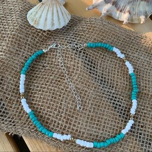 Teal White & Gold Seed Bead Choker